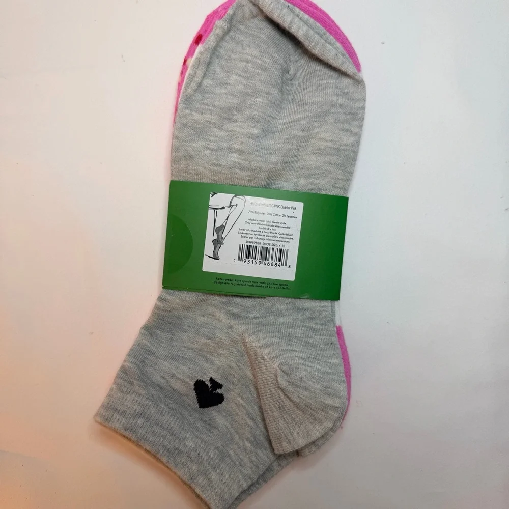 Kate Spade‎ New York Women 3 Pack Quarter Socks Pink Heart Gray White One Size